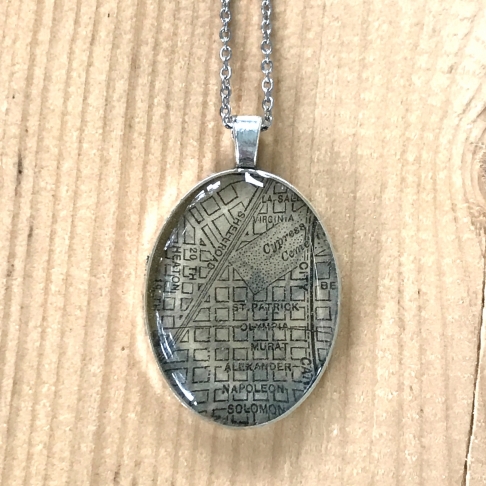 Midcity Map Necklace by Emily McDonald | Silver plated copper, epoxy resin, vintage map, stainless steel chain Midcity Map Necklace